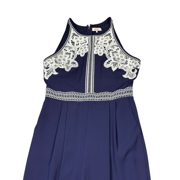 Parker Navy Blue Embroidered Halter Jumpsuit – Size Medium - Picture 3 of 8
